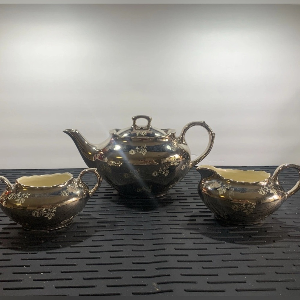 Vintage Pearl China Co. platinum etched rose~tea pot, sugar bowl and creamer